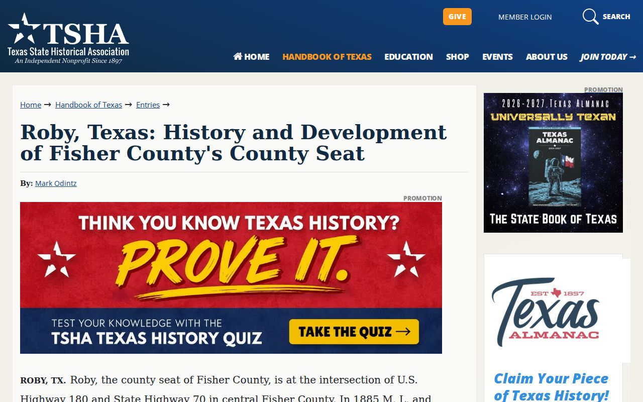Texas State Historical Association history page for Roby, the Fisher County courthouse town