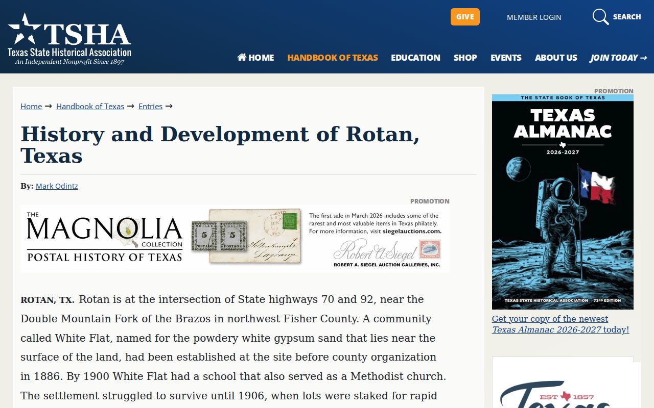 Texas State Historical Association history page for Rotan, Texas